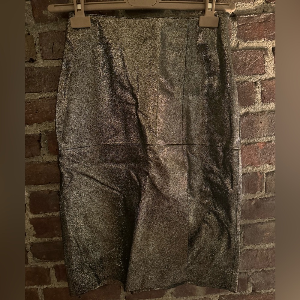 Vegan leather metallic pencil skirt.